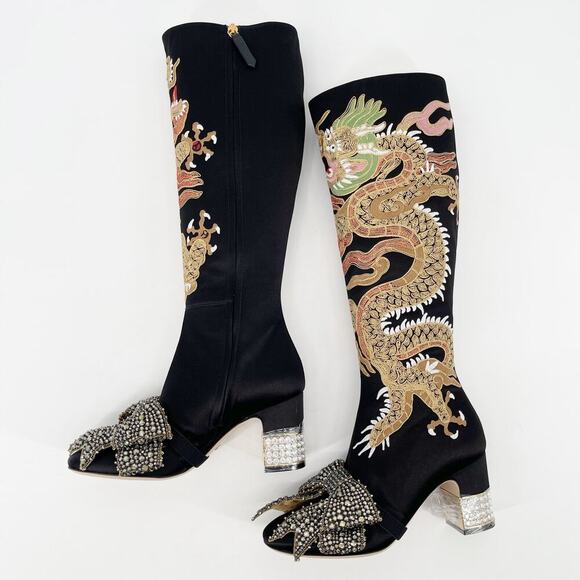 Gucci Black Silk Satin Candy Dragon Embroidered Crystal Bow Heeled Boot EU 37 - Picture 5 of 16